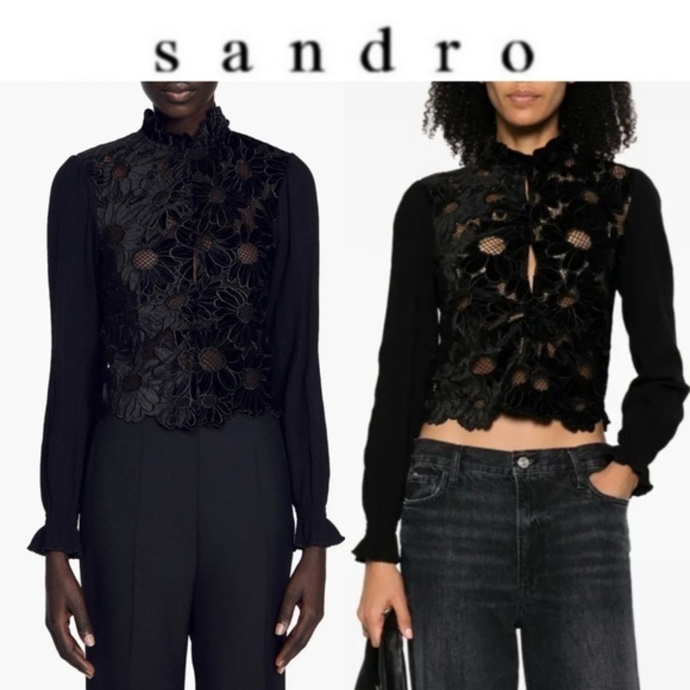 Sandro May Floral Guipure Lace Mock Neck Velvet Black Lace Floral Top Sz 0 NWT